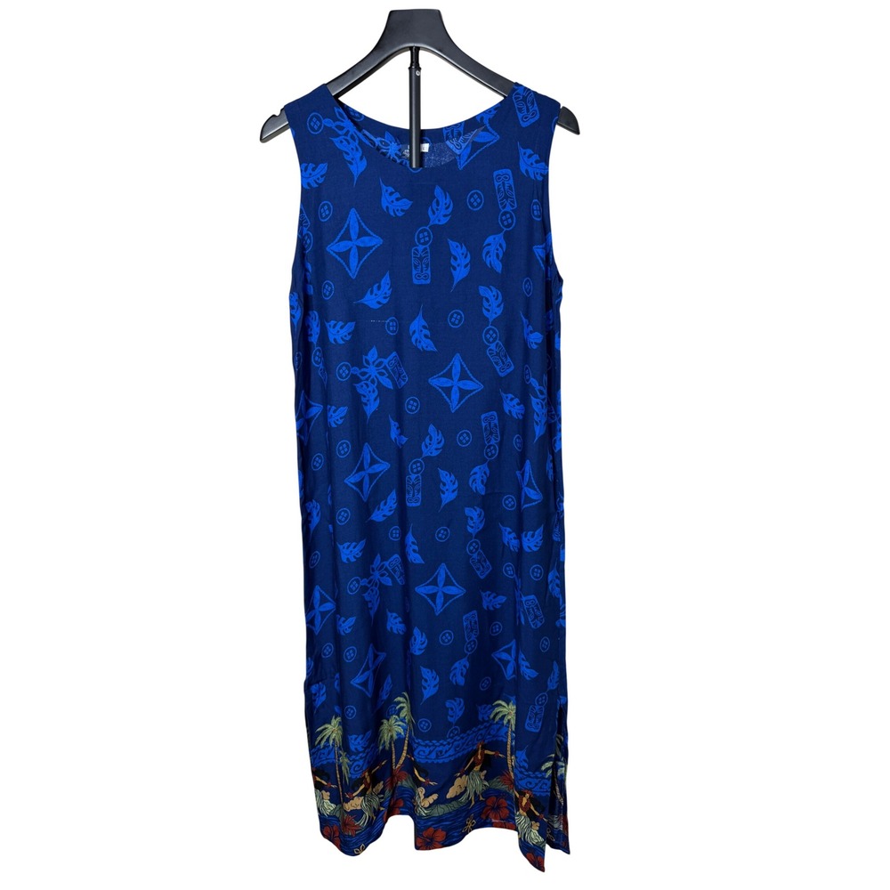 Hibiscus Collection Hawaii Blue Rayon Tiki Hula Dancer Midi Dress Womens Large